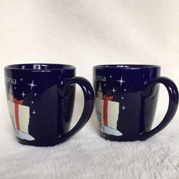 Set of 2 Navy Blue Christmas Village Philadelphia Gluehwein Mug Cup Night Market - Picture 4 of 14